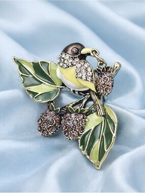 Vintage Crystal Bird Brooch with Enamel Leaves & Berries –Elegant Nature Jewelry